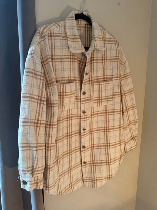 Jackets & Blazers - Cozy Plaid Shacket Jacket Cream Brown Oversized Button Front Size L